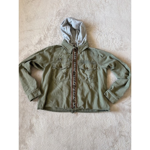 Free People Size Small Hooded Military Jacket Olive Green Distressed Button Down - Picture 1 of 9